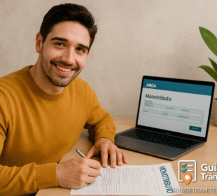 Alta inicial y categorización Monotributo 2025 6 Hombre joven sonriente completando el formulario de alta en Monotributo 2025, con la web de ARCA abierta en su computadora.