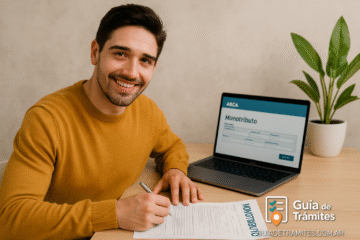 Alta inicial y categorización Monotributo 2025 2 Hombre joven sonriente completando el formulario de alta en Monotributo 2025, con la web de ARCA abierta en su computadora.