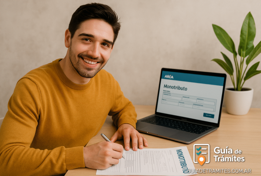 Alta inicial y categorización Monotributo 2025 1 Hombre joven sonriente completando el formulario de alta en Monotributo 2025, con la web de ARCA abierta en su computadora.