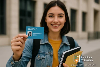 Beca Progresar 2025: requisitos y cómo inscribirse 2 Joven estudiante sonriendo mientras muestra su credencial frente a una institución educativa, ideal para ilustrar la inscripción a Beca Progresar 2025.