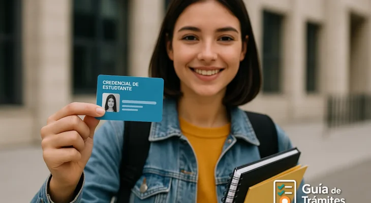 Beca Progresar 2025: requisitos y cómo inscribirse 2 Joven estudiante sonriendo mientras muestra su credencial frente a una institución educativa, ideal para ilustrar la inscripción a Beca Progresar 2025.