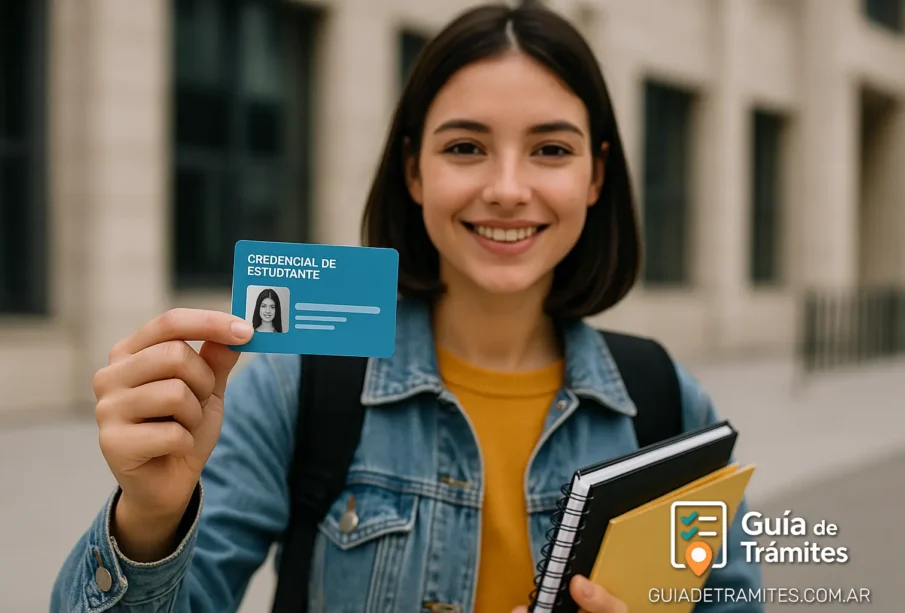 Beca Progresar 2025: requisitos y cómo inscribirse 1 Joven estudiante sonriendo mientras muestra su credencial frente a una institución educativa, ideal para ilustrar la inscripción a Beca Progresar 2025.