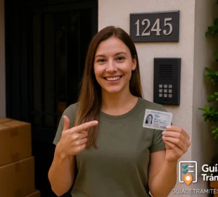 Cambio de domicilio en el DNI online 2025 1 Mujer sonriendo frente a su nuevo domicilio, mostrando el DNI argentino junto a cajas de mudanza y el número de dirección visible en la entrada.