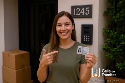 Cambio de domicilio en el DNI online 2025 5 Mujer sonriendo frente a su nuevo domicilio, mostrando el DNI argentino junto a cajas de mudanza y el número de dirección visible en la entrada.