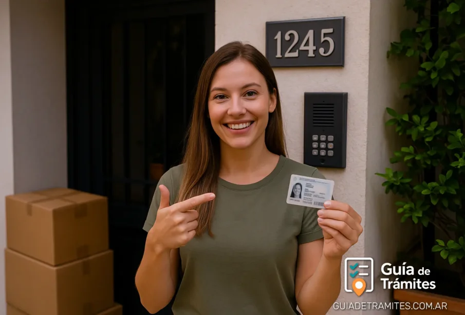 Cambio de domicilio en el DNI online 2025 1 Mujer sonriendo frente a su nuevo domicilio, mostrando el DNI argentino junto a cajas de mudanza y el número de dirección visible en la entrada.