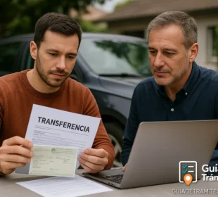 Certificado de Transferencia de Automotores (CETA) 2025 7 Dos hombres revisan documentación de transferencia automotor junto a una notebook, con un auto estacionado al fondo, en el contexto de generación del CETA 2025.
