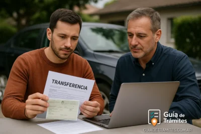 Certificado de Transferencia de Automotores (CETA) 2025 6 Dos hombres revisan documentación de transferencia automotor junto a una notebook, con un auto estacionado al fondo, en el contexto de generación del CETA 2025.