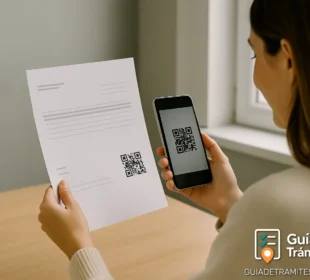 Cómo generar el Código QR en la Factura Electrónica ARCA 2025 4 Mujer escaneando el código QR de una factura electrónica con su celular, sentada junto a una ventana en un ambiente hogareño