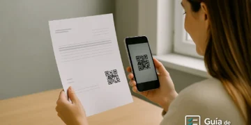 Cómo generar el Código QR en la Factura Electrónica ARCA 2025 11 Mujer escaneando el código QR de una factura electrónica con su celular, sentada junto a una ventana en un ambiente hogareño