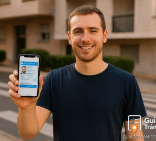 Licencia Nacional Digital (LND) 2025: cómo activarla y usarla 1 Hombre joven al aire libre mostrando su celular con la Licencia Nacional Digital activa, frente a un cruce peatonal.