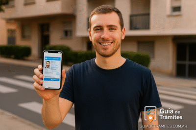 Licencia Nacional Digital (LND) 2025: cómo activarla y usarla 1 Hombre joven al aire libre mostrando su celular con la Licencia Nacional Digital activa, frente a un cruce peatonal.