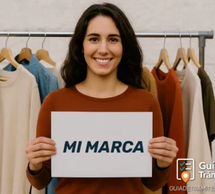 Emprendedora mostrando un cartel con el nombre de su marca frente a un perchero con prendas, en contexto de registro en INPI.