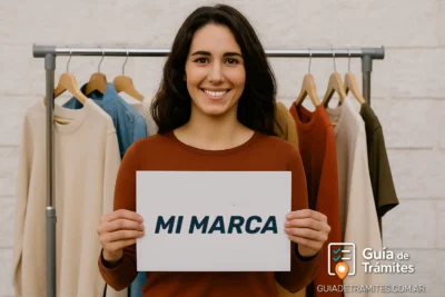 Registro de Marca en INPI 2025: paso a paso para proteger tu nombre o logo 1 Emprendedora mostrando un cartel con el nombre de su marca frente a un perchero con prendas, en contexto de registro en INPI.