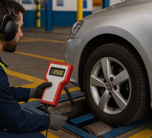 revisor técnico midiendo frenos auto VTV