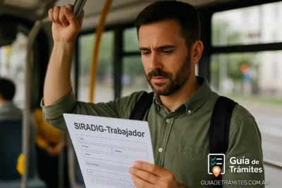 SIRADIG Trabajador 2025: cómo cargar deducciones de Ganancias paso a paso 5 Hombre viajando en colectivo mientras revisa un formulario de SIRADIG-Trabajador, en contexto de presentación de deducciones.