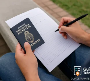 Pasaporte argentino trámite regular 2025 1 Persona completando un formulario de pasaporte argentino 2025 al aire libre, sentada en un banco con el pasaporte en la mano.