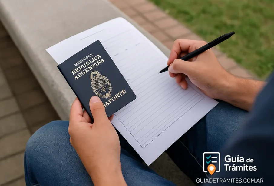 Pasaporte argentino trámite regular 2025 1 Persona completando un formulario de pasaporte argentino 2025 al aire libre, sentada en un banco con el pasaporte en la mano.