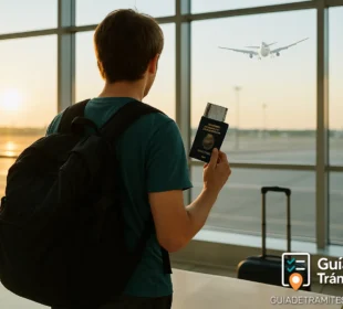 Joven con mochila y pasaporte argentino en mano en el aeropuerto, listo para embarcar con visa Working Holiday
