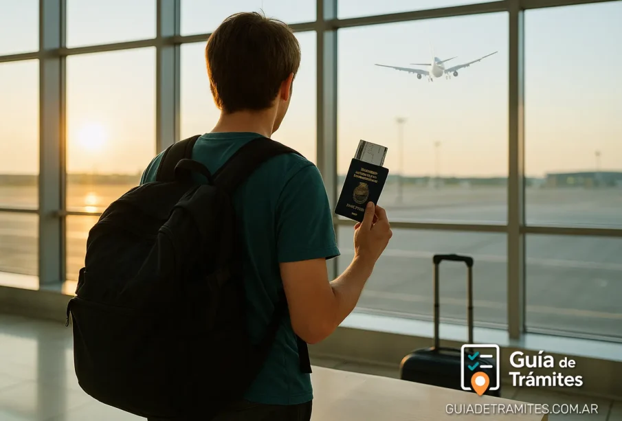 Visa Working Holiday: requisitos y cupos 2025 para argentinos 1 Joven con mochila y pasaporte argentino en mano en el aeropuerto, listo para embarcar con visa Working Holiday